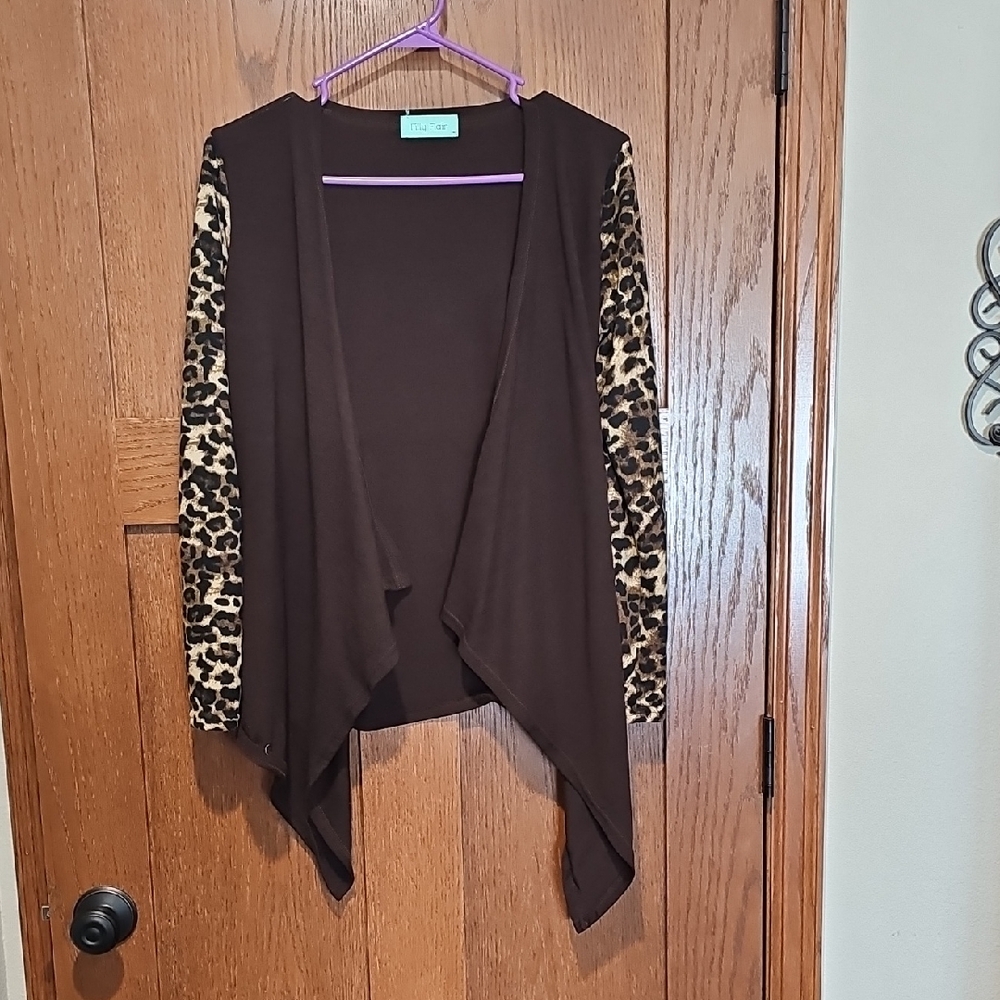 Filly Flair Brown Cardigan with Leopard Print Sleeves